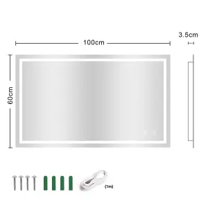 Wall Mounted LED Lighted Mirror, Dimmable Vanity Mirror - 100CM x 60CM