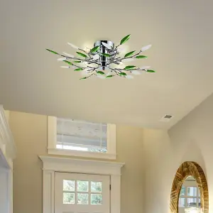 Modern Semi Flush Chrome Ceiling Light with Emerald Green & Frosted Leaves