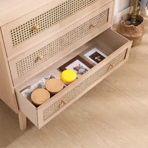 FurnitureHMD 3-Drawer Ratten Bedroom Dresser,Chest of Drawer,Storage Organiser Unit,Round Wooden Handle