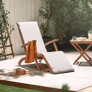 VonHaus Wooden Sun Lounger Set of 2, Folding Garden Steamer Chair, Sunlounger with Removable Footstool & Cushion, Acacia Hardwood