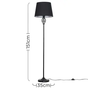 ValueLights Memphis Traditional Style Black Barley Twist Floor Lamp with Black Tapered Light Shade - with LED GLS Bulb