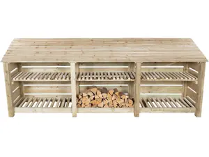 Slatted wooden log store with kindling shelf W-335cm, H-126cm, D-88cm - natural (light green) finish