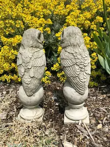 Pair of Barn Owl Finials Stone Statues Outdoor Garden Ornament Animal Sculpture