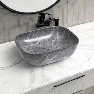 7840 Ceramic 45cm x 32cm Oblong Countertop Basin in Black Marble Effect