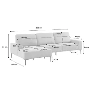 sweeek. 3-seater fabric and metal sofa left-hand corner Atlanta Light Grey 134x260x84 cm