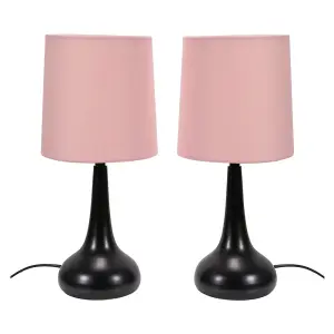 Pair - Black Teardrop Touch Dimmer Table Lamps with Blush Pink Shade for Bedside Table Bedroom Light - LED Bulbs Included