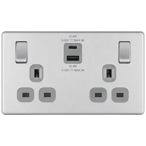 GoodHome Brushed Steel Double 13A Flat Switched Screwless Socket with USB, x2 & Grey inserts