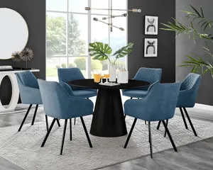 Furniturebox UK Palma Black Semi-Gloss Round Pedestal Dining Table & 6 Blue Fabric Falun Black Leg Chairs