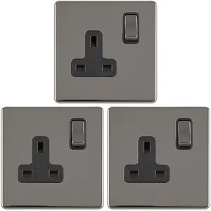 3 PACK 1 Gang DP 13A Switched UK Plug Socket SCREWLESS BLACK NICKEL Wall Power