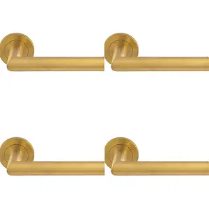 4 PACK - PAIR Mitred Round Bar Door Handle Ringed Design Conceled Fix Satin Brass