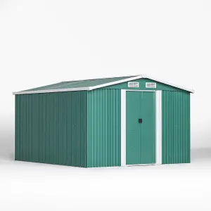 10 x 8 ft Metal Shed Garden Storage Shed Apex Roof Double Door with Base Foundation,Dark Green