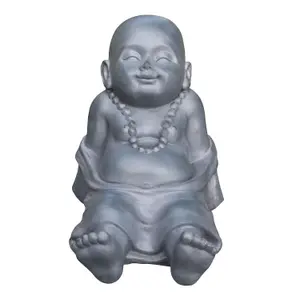 IDEALIST™ Buddha Statue 10.2 Inch Tall, Grey Reinforced Stone Relaxing Baby Monk Figurine for Home and Garden L31 W22.5 H26 cm