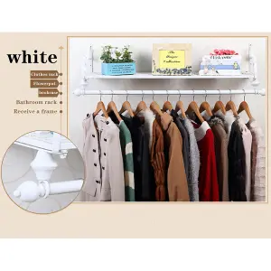 White Iron Wall Mounted Clothes Rail Clothing Hanging Rack Garment Shoe Display Shelf with Storage Shelf L 900 mm