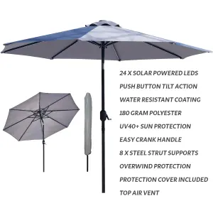 GlamHaus Garden Parasol Solar LED 2.7M ,Tilting Table Umbrella with Crank Handle, Protection UV40, Includes Parasol Cover- Grey