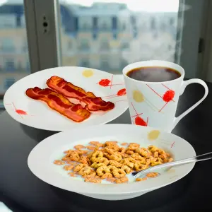 16Pc Dinner Set Bowl Plate Mug Soup Side Porcelain Cup Gift Kitchen Service New Cream & Red Patterns