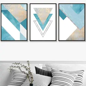 Set of 3 Aqua Blue Abstract Mid Century Geometric Wall Art Prints / 50x70cm / Black Frame