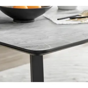 Industrial Design White & Grey Marble Effect Melamine Dining Table Set with 6 Luxury Velvet Chairs Grey/Silver