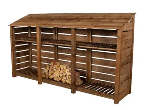 Slatted wooden log store with kindling shelf W-335cm, H-180cm, D-88cm - brown finish