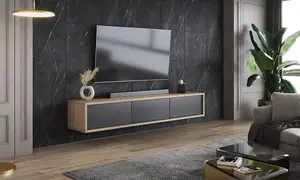 Chic Frida 38 Floating TV Cabinet 1800mm in Light Oak & Anthracite - Contemporary Media Unit H320mm D360mm