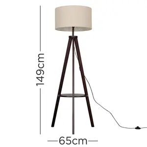 Ismay 149 cm Morrigan Wood Tripod Floor Lamp with Shelf & XL Reni Shade Grey / Biege / No