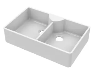 895mm - 2 Bowl Stepped Weir Butler Kitchen Sink -  Tap Ledge, No Overflow, Tap Hole