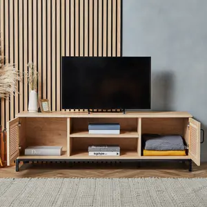 VonHaus Rattan TV Unit - Light Wood Wicker TV Cabinet - 2 Storage Cupboards & 2 Open Shelves Entertainment Unit, Max. 60" TV