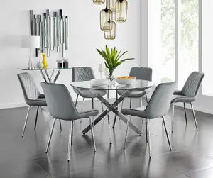 Furniturebox UK Novara 120cm Round Dining Table and 6 Grey Pesaro Silver Leg Chairs