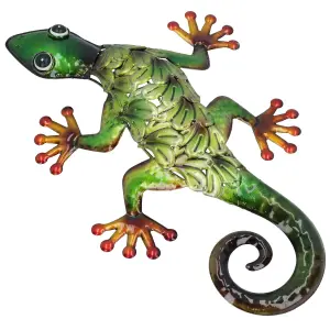 Metallic Green Gecko Garden/Home Wall Art Ornament Gift With Hanging Hook