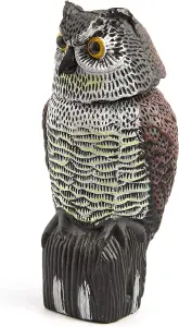 Decoy Owl Bird Scarer - Lifelike Weatherproof Ornament with Reflective Eyes & 360 Rotating Head for Deterring Birds & Rodents