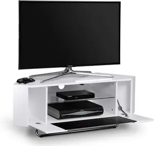 Homeology Hampshire Corner-Friendly Gloss White with Black Glass Beam-Thru Remote Friendly Door up to 50" Flat Screen TV Cabinet