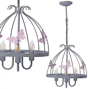 Milagro Kago Pink/Grey Pendant Lamp Beautiful Hand Made Ceiling Light With A Butterfly Theme In Modern Grey And Baby Pink