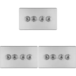 3 PACK 4 Gang Quad Retro Toggle Light Switch SCREWLESS SATIN STEEL 10A 2 Way