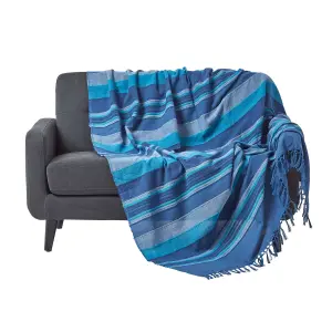 Homescapes Cotton Morocco Striped Blue Throw, 150 x 200 cm