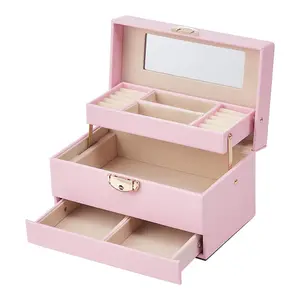 2-Layer Pink PU Leather Jewellery Box with Hidden Drawer and Velvet Lining