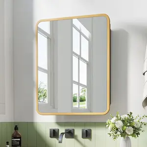 71cm H Surface Mount Rectangular Bathroom Storage Mirror Cabinet with Round Corner in Gold