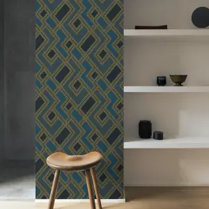 Grandeco Geometric Fabric Geo Textured Wallpaper, Blue Gold