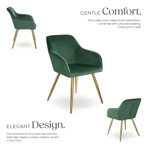 Chair Marilyn - with armrests, padded, velvet look, golden steel legs - dark green/gold