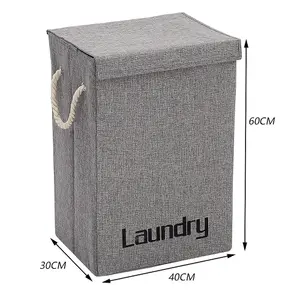 Grey Folding Linen Laundry Hamper Basket Clothes Storage Bin with Lid and Handles