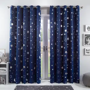 Dreamscene Galaxy Star Thermal Blackout Curtains PAIR of Eyelet Ring Top Ready Made Panels Metallic Moon - Navy Blue,66" x  90"