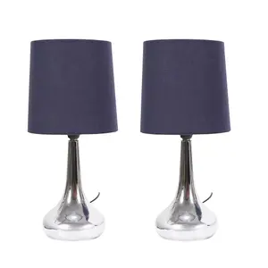 Pair - Silver Chrome Teardrop Touch Dimmer Table Lamps with Navy Blue Shade for Bedside Table Bedroom Light - LED Bulbs Included