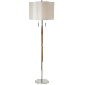 Polished Nickel Floor Lamp - Decorative Wooden Stem - Requires 2 x E27 GLS Bulbs