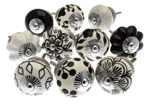 MangoTreeKnobs - Mixed Set of Black and White Ceramic Cupboard Knobs x Pack 10 (MG-90)