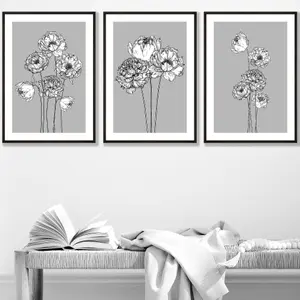 Set of 3 Sketch Art Peonies on Grey Wall Art Prints / 30x42cm (A3) / Black Frame