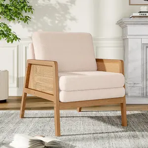 Upholstered Armchair with Wood Frame Rattan Arms Chair in White