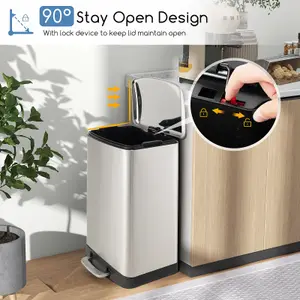 Costway 50L Trash Can Stainless Steel Pedal Garbage Can Lock Device Stay Open Trash Bin