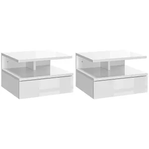 HOMCOM Nightstand Set of 2, Wall Mounted Bedside Cabinet, High Gloss White