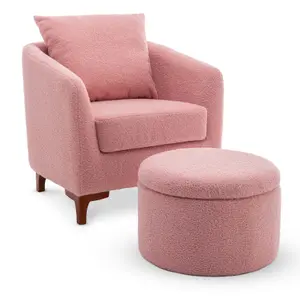 Teddy Boucle Fabric Pink Angela Accent Tub Chair with Ottoman