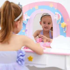 Teamson Kids Dressing Table, Play Vanity Set with Mirror & Stool, Rainbow Unicorn - Pink/White