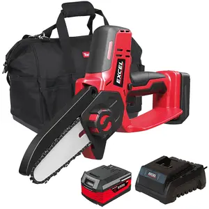 Excel 18V Cordless Mini Chain Saw with 1 x 4.0Ah Battery Charger & Bag