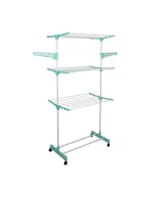 4 Tier Clothes Drying Rack Airer Foldable Adjustable Powder Coated Frame Wheel with Two Side Wings Dryer Racks & Shoe Stand Blue